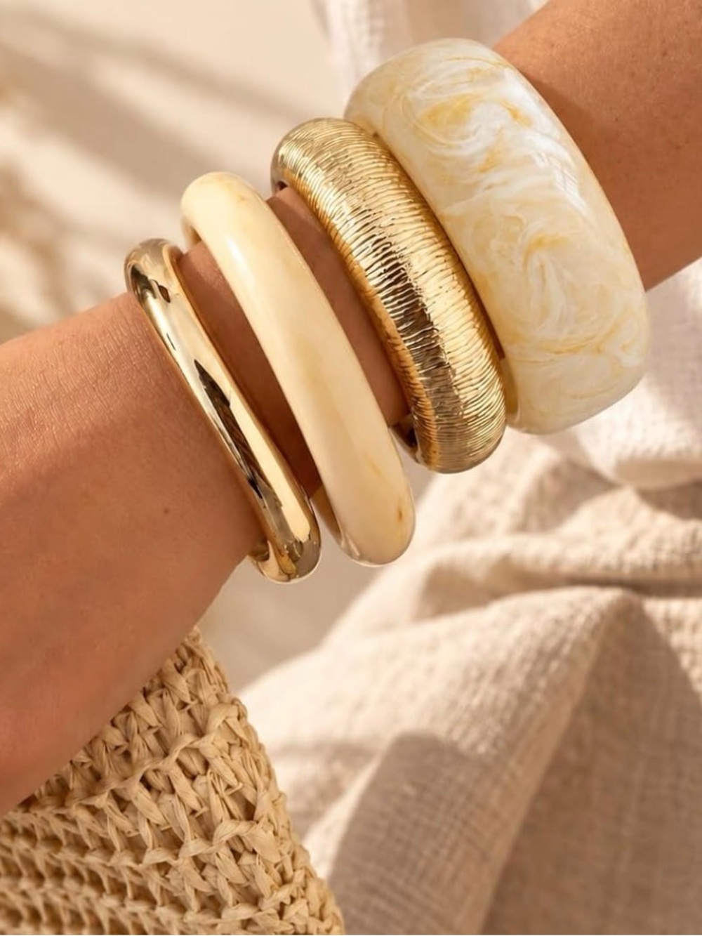 Gold and Cream Mixed Bangle Set - Women Jewelry